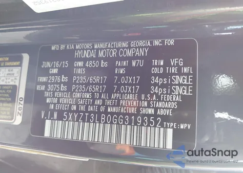 2016 Hyundai Santa Fe Sport 2.4L z USA, uszkodzony, nr VIN 5XYZT3LB0GG319352